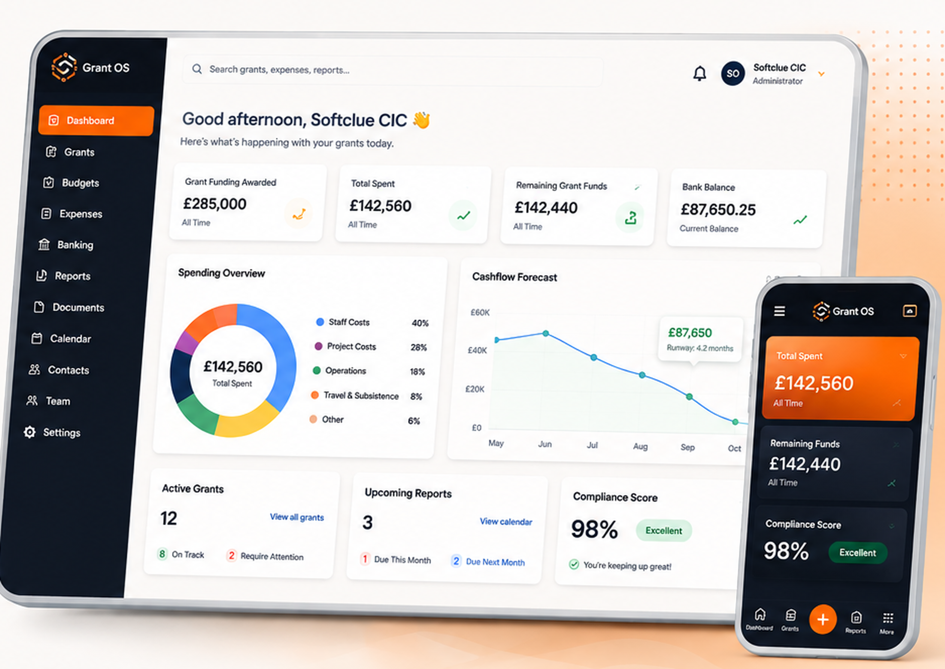 Softclue Grant OS executive dashboard on tablet and mobile showing grant funding, spending overview and cashflow forecast